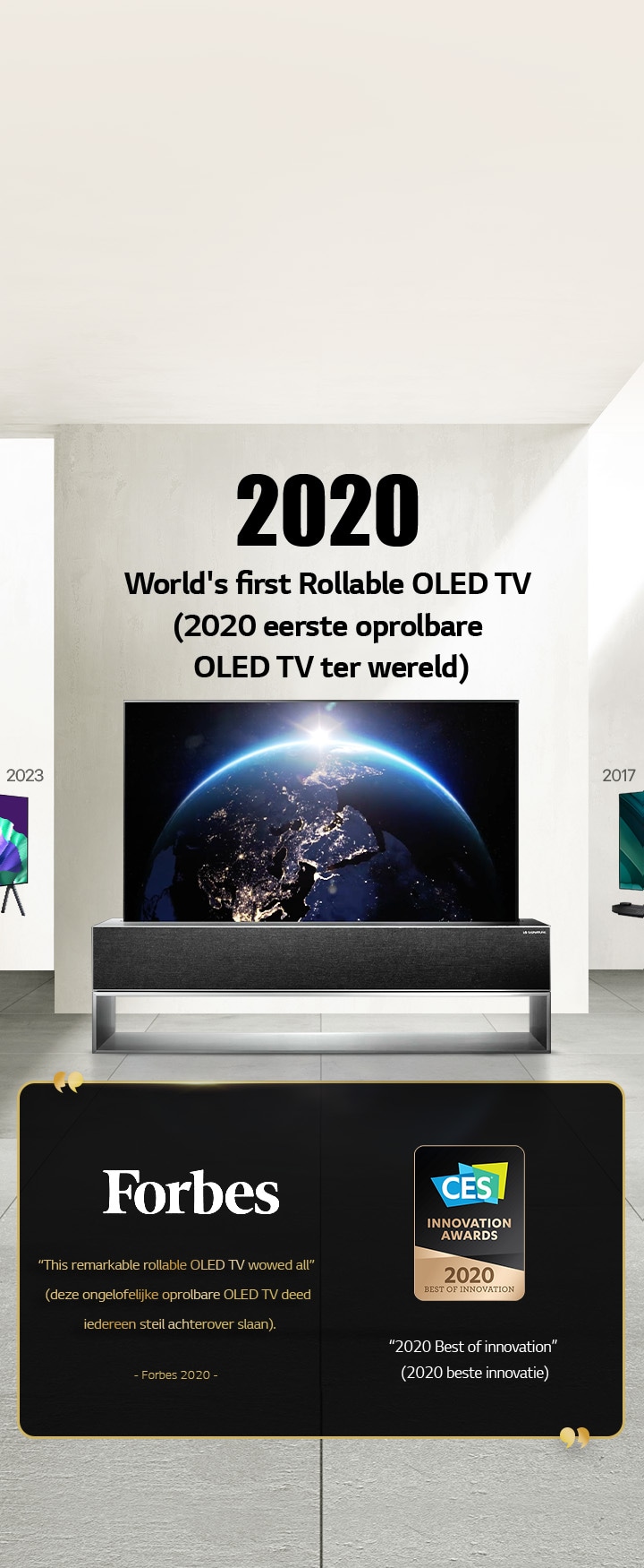 LG TV. Titel is “2020 World's first Rollable OLED TV” (2020 eerste oprolbare OLED TV ter wereld). Prijsvermeldingen staan ernaast. “Forbes, this remarkable rollable OLED TV wowed all” (Forbes, deze ongelofelijke oprolbare OLED TV deed iedereen steil achterover slaan). “2020 Best of Innovation award” (2020 beste innovatie-prijs) van CES Innovation Awards.