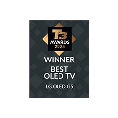 Logo van de T3 Awards 2025 met de tekst: WINNAAR BESTE OLED TV – LG OLED G5.