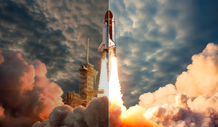 Scène van de lancering van een spaceshuttle in tweeën gesplitst. De ene helft van de scène is helder en levendig dankzij de helderheidsverhogende algoritmen van LG. De andere helft is donker, vervaagd en grijs.