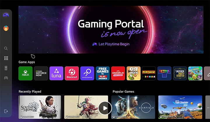 Startscherm van het Gaming Portal. De cursor beweegt en toont populaire speltitels en de functie om games te kunnen selecteren op basis van het type controller dat je hebt, of dat nu een gamepad of de afstandsbediening is.