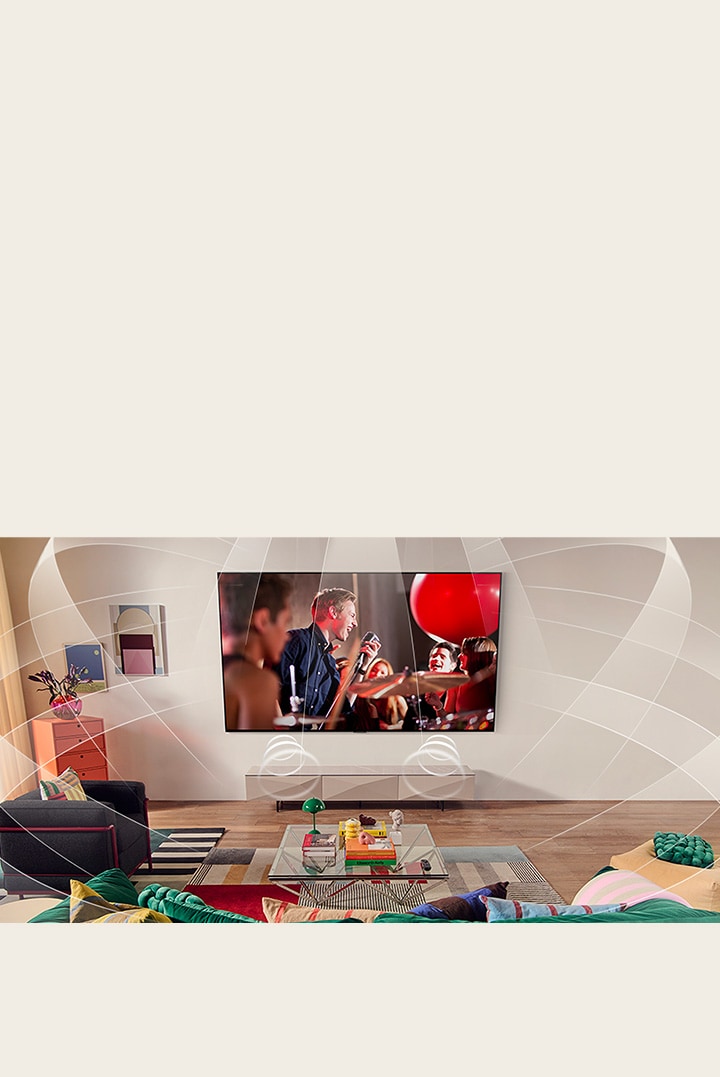 Woonkamer met een wall mounted LG TV. Geluidsgolven worden grafisch weergegeven om de ruimte te vullen en te laten zien hoe virtuele 9.1.2 kanalen een surround sound-ervaring creëren voor de gebruiker. 