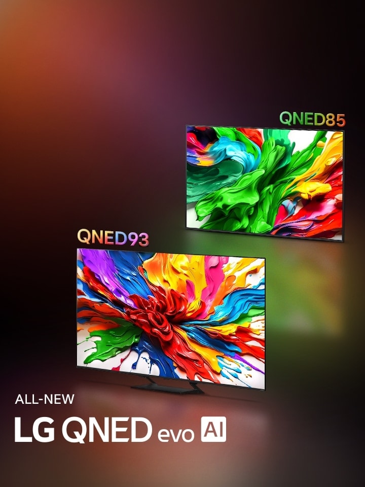 LG QNED92 en LG QNED85 TV's staan naast elkaar. Kleurrijke kunstwerken die de nieuwe levendige en bruisende kleurreproductietechnologie van LG QNED benadrukken staan op hun schermen. GEHEEL NIEUWE LG QNED evo AI logo is ook aanwezig.