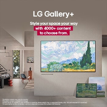 Interieur van een verfijnd huis. Veel verschillende kunstwerken worden getoond. Aan de muur in het midden hangt een LG TV met een kunstwerk op het scherm. De TV lijkt op een schilderij uit een museum.