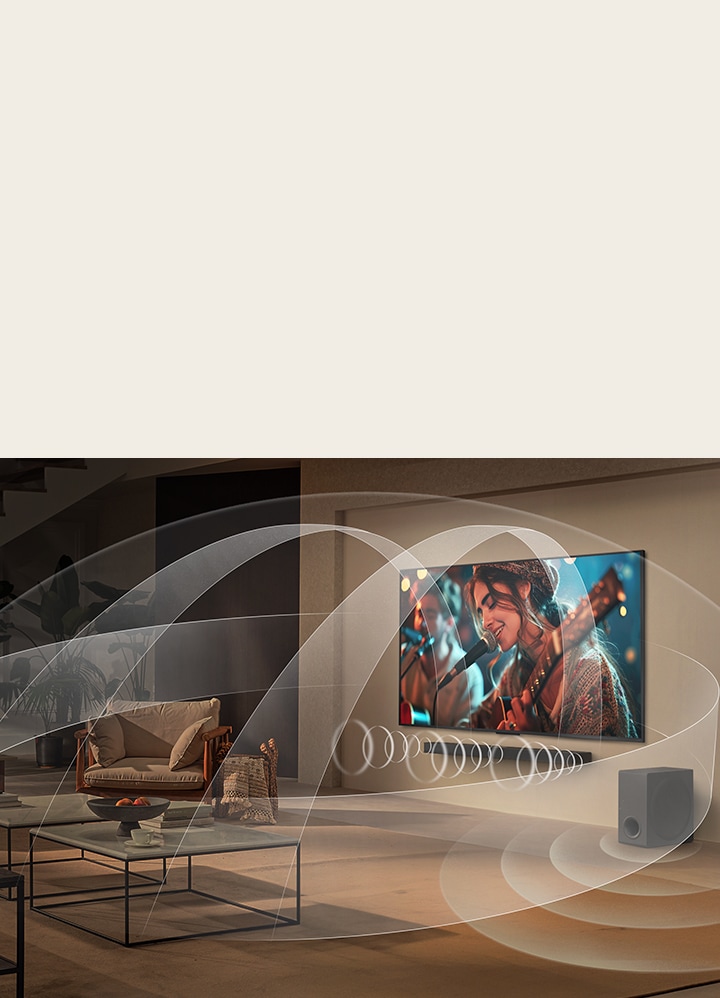 Een woonkamer met een LG UHD TV en LG Soundbar met afbeeldingen die laten zien hoe de ruimte met multi-surroundgeluid gevuld wordt.