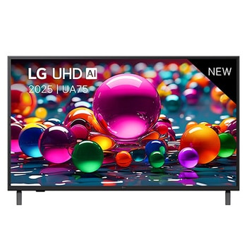 Vooraanzicht van UHD UA75 TV, LG UHD Al-logo in de bovenhoek. LG UHD TV brengt kleurrijke, schilderachtige texturen bij elkaar.