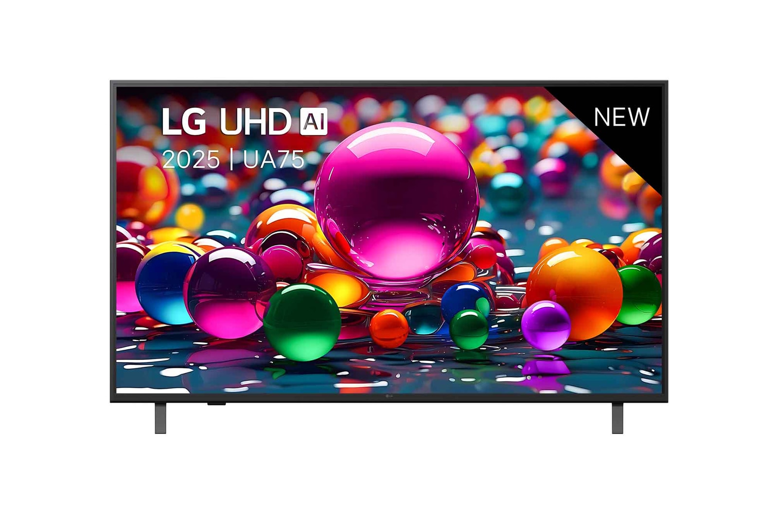 Vooraanzicht van UHD UA75 TV, LG UHD Al-logo in de bovenhoek. LG UHD TV brengt kleurrijke, schilderachtige texturen bij elkaar.