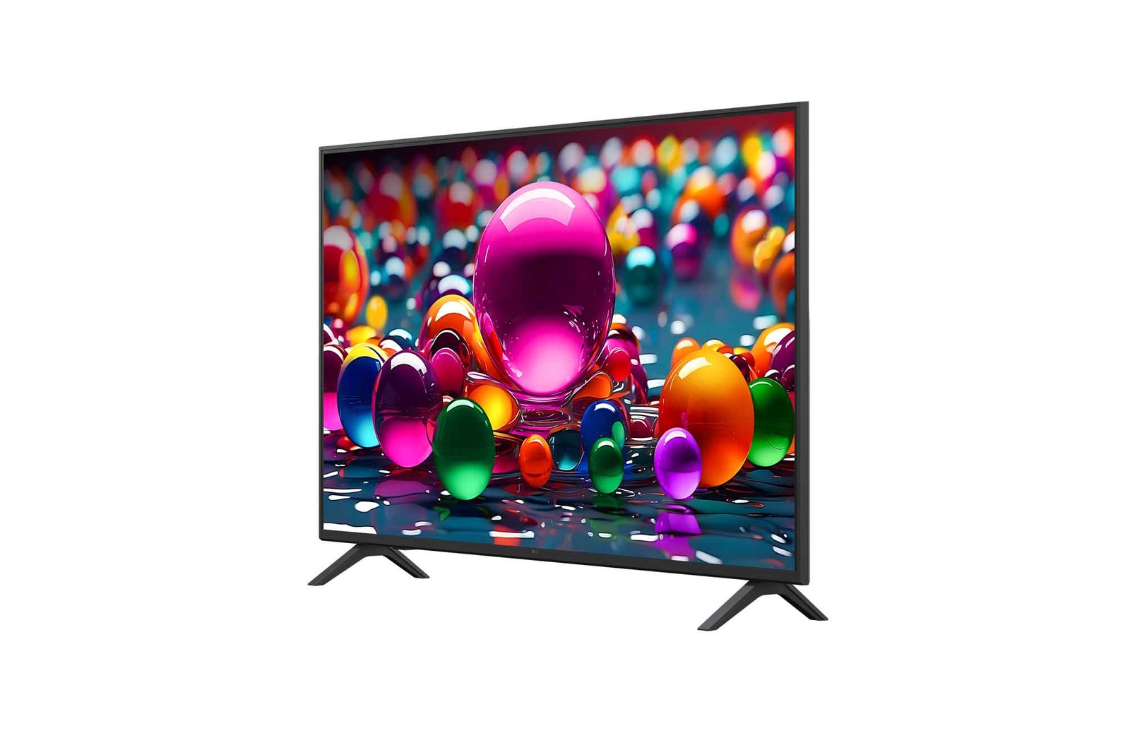 Vooraanzicht en zijaanzicht van een LG UHD AI UA75 4K Smart TV die de lengte-, breedte-, hoogte- en diepteafmetingen weergeven.