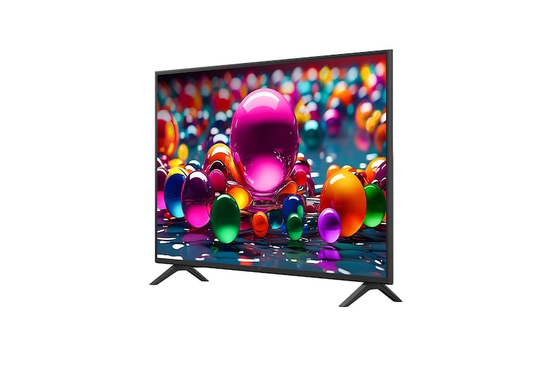 Vooraanzicht en zijaanzicht van een LG UHD AI UA75 4K Smart TV die de lengte-, breedte-, hoogte- en diepteafmetingen weergeven.