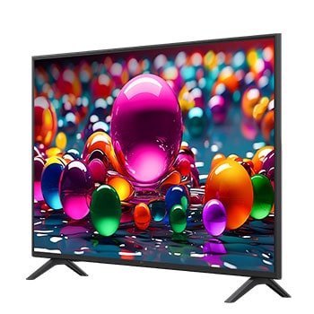 Vooraanzicht en zijaanzicht van een LG UHD AI UA75 4K Smart TV die de lengte-, breedte-, hoogte- en diepteafmetingen weergeven.