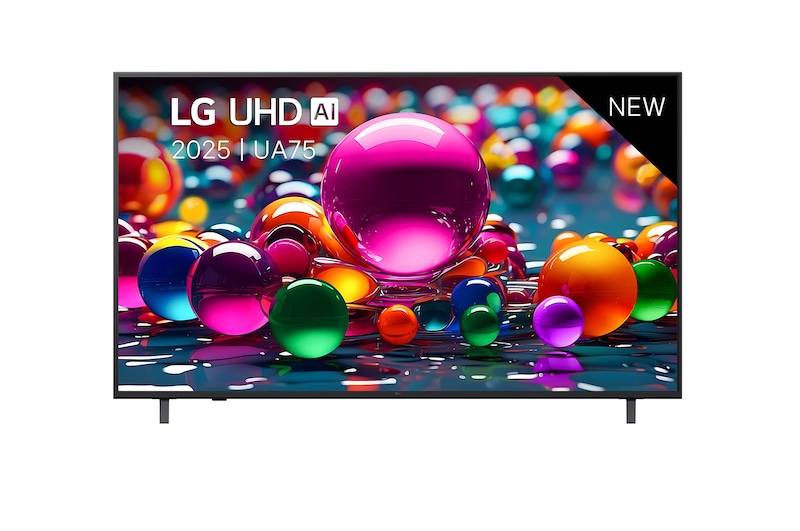 Front view of UHD UA75 TV, LG UHD Al Logo on the top corner. LG UHD TV depicts colorful paintike textures coming together.