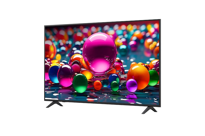 Front view and side view of LG UHD AI  UA75 4K Smart TV showing its length, width, height, and depth dimensions.