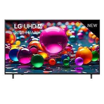 Front view of UHD UA75 TV, LG UHD Al Logo on the top corner. LG UHD TV depicts colorful paintike textures coming together.