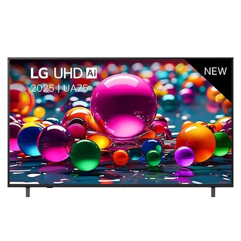 Front view of UHD UA75 TV, LG UHD Al Logo on the top corner. LG UHD TV depicts colorful paintike textures coming together.