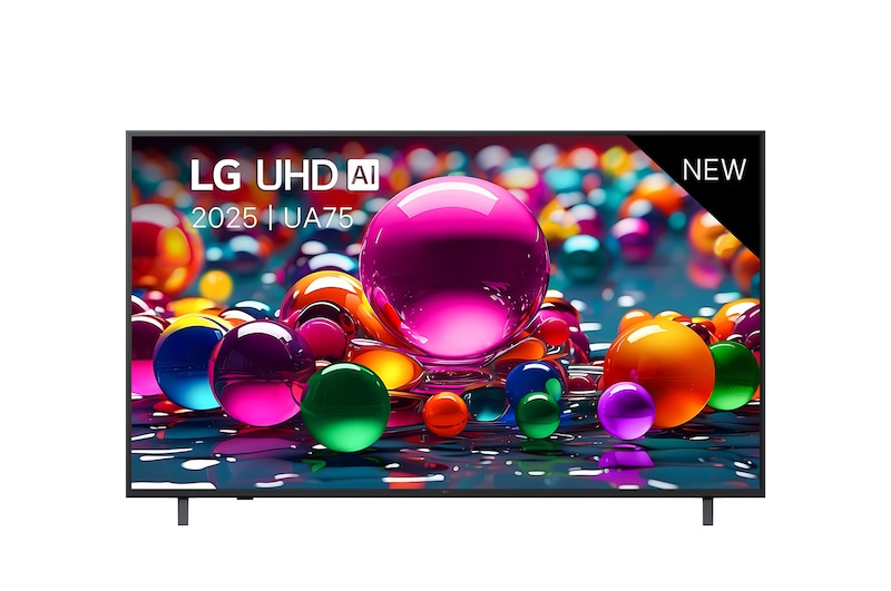 Front view of UHD UA75 TV, LG UHD Al Logo on the top corner. LG UHD TV depicts colorful paintike textures coming together.