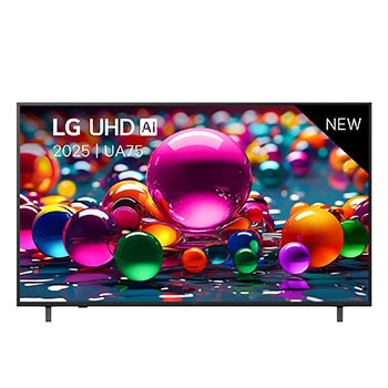 Front view of UHD UA75 TV, LG UHD Al Logo on the top corner. LG UHD TV depicts colorful paintike textures coming together.