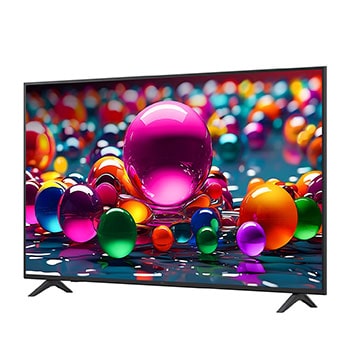 Front view and side view of LG UHD AI  UA75 4K Smart TV showing its length, width, height, and depth dimensions.