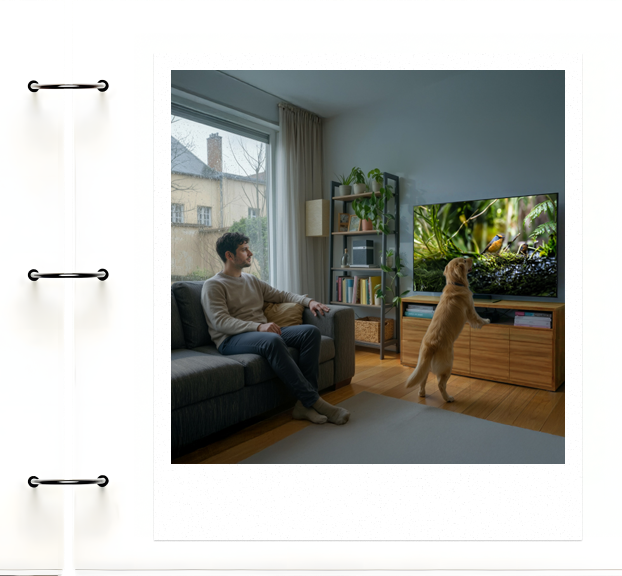 Golden retriever kijkt tv met zijn baasje in een gezellige woonkamer op een regenachtige dag