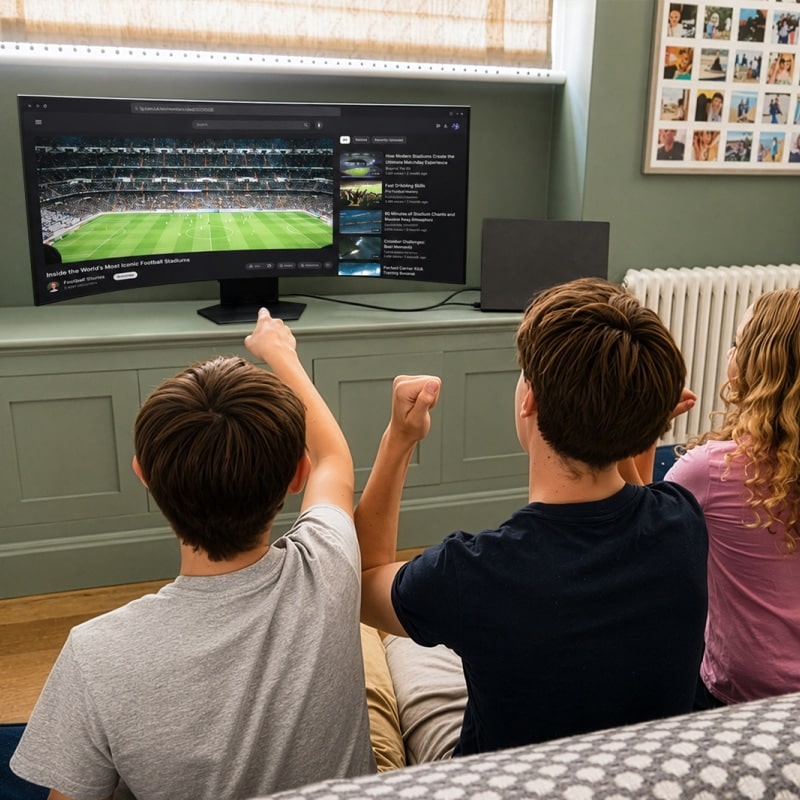 Drie broers en zussen kijken samen naar een voetbalwedstrijd op een LG UltraGear monitor.