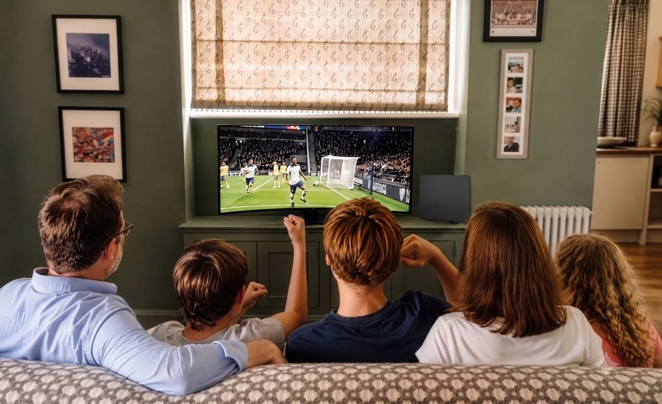 Aanzicht van achteren van een gezin dat samen in de woonkamer op een gebogen monitor naar een voetbalwedstrijd kijkt.