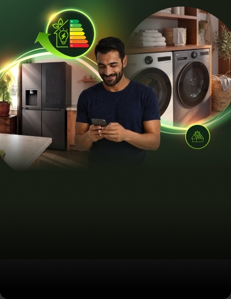 Een man gebruikt een smartphone in een moderne wasruimte met een LG-wasmachine, -droger en -koelkast, omringd door oplichtende graphics over energie-efficiëntie.
