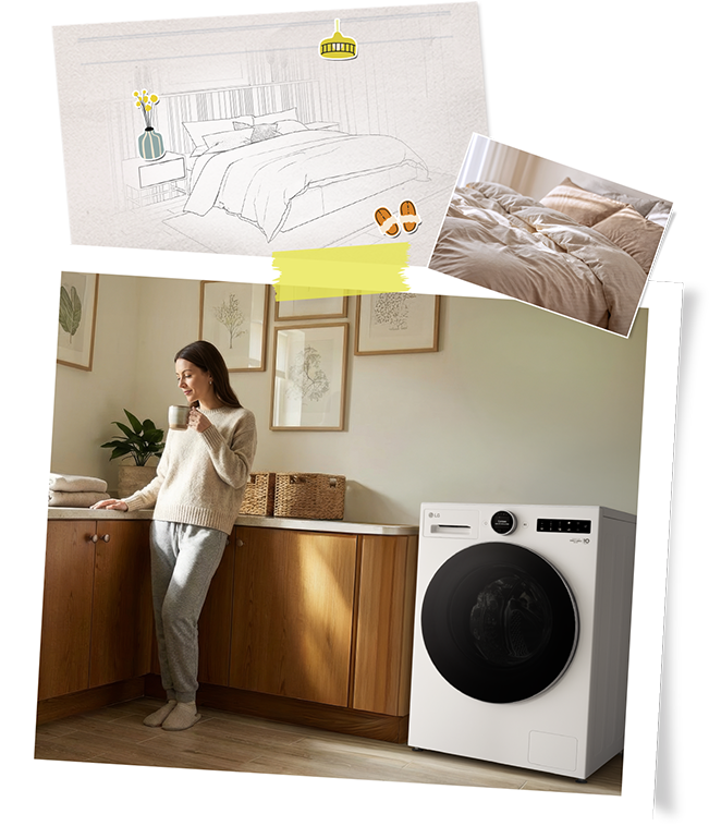 Een vrouw die beddengoed verfrist met een LG-wasmachine als onderdeel van een rustige weekendroutine.
