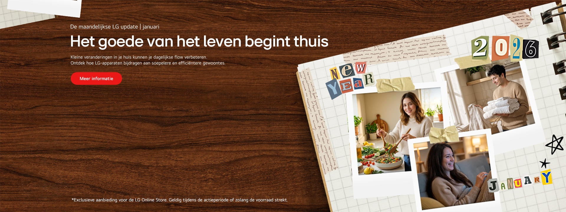 Een agenda op een bruin bureau met een collage van nieuwjaarsversieringen en Polaroidfoto’s van mensen die genieten van LG-apparaten	