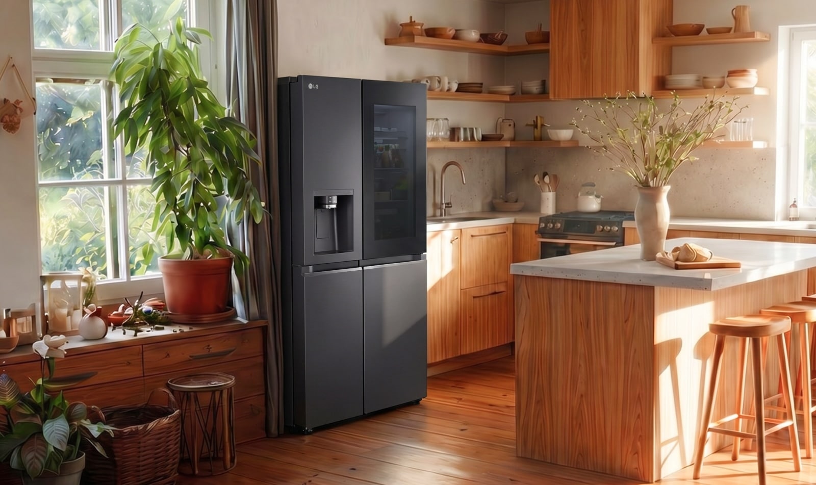 Een strakke zwarte LG-koelkast geïnstalleerd in een warme, moderne keuken met houten kasten en natuurlijk zonlicht.