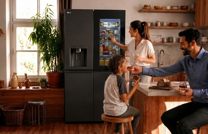 Een gezin in een warme, moderne keuken, een vrouw pakt iets uit een zwarte LG-koelkast terwijl een man een jong kind voedt aan het keukeneiland.