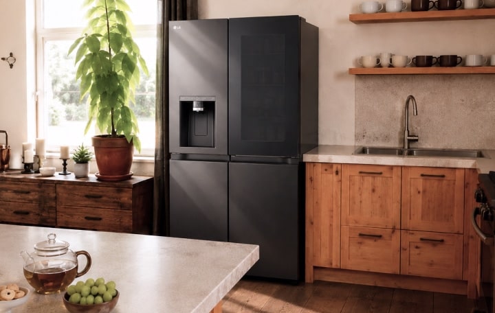 Een strakke matte zwarte LG-koelkast in een goed verlichte, rustieke keuken met houten kasten.