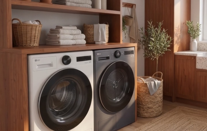 Een witte LG-wasmachine met voorlader en een bijpassende LG-droger naast elkaar geïnstalleerd in een houten wasruimte.