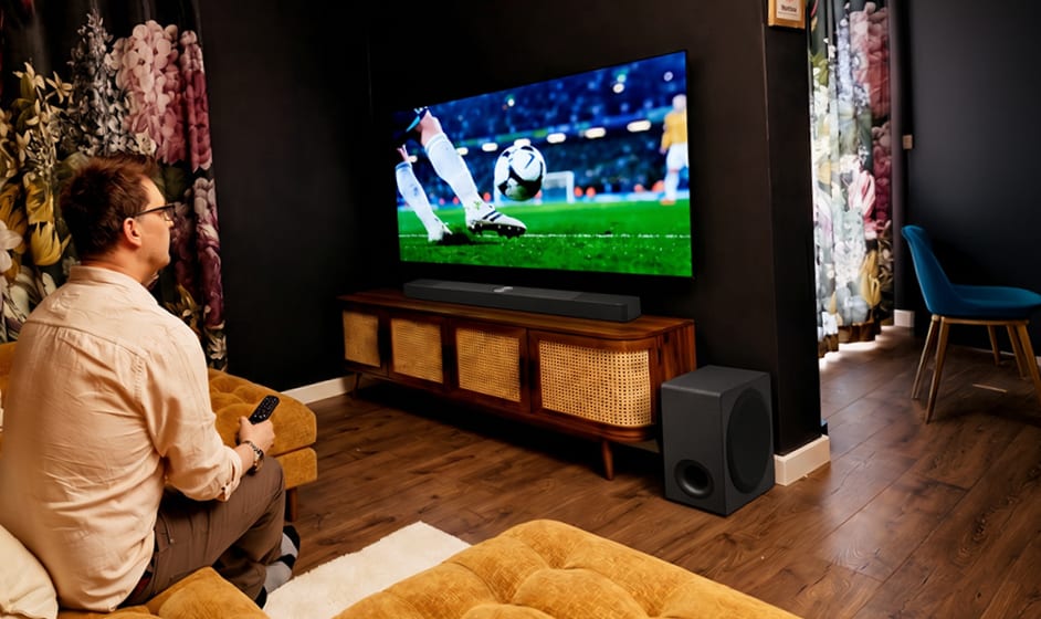 Een man zit op een bank in een lichte woonkamer en houdt een afstandsbediening vast terwijl hij naar een voetbalwedstrijd kijkt op een aan de muur gemonteerde tv.
