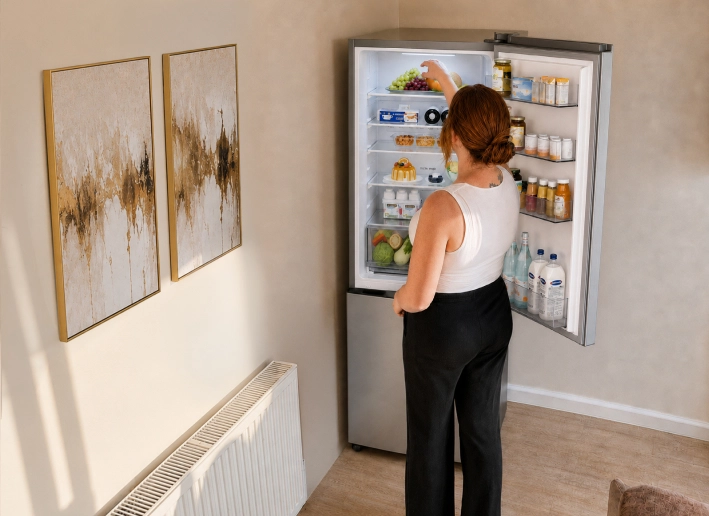 Een moeder staat voor een open koelkast in een moderne keuken en ordent voedsel en boodschappen erin.