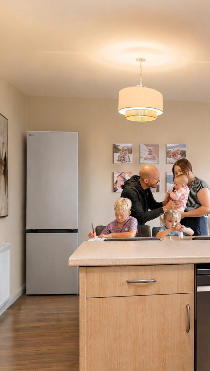 Een gezin met drie kinderen verzamelt zich in een warme, moderne keuken, met de ouders die voor de kinderen zorgen rond een groot keukeneiland. Een koelkast, vaatwasser, oven en keukenkastjes zijn zichtbaar op de achtergrond.