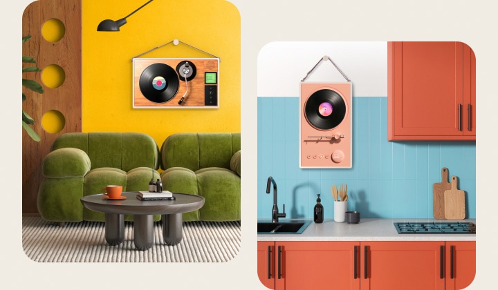 Verschillende woonruimtes met LG StanbyME 2 schermen aan de muur. Op elk scherm wordt een kunstwerk van een muziekdraaitafel weergegeven.