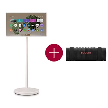 Een meisje met haar puppy kijkt naar een show op de LG StanbyME 2. De foliocover wordt gebruikt en het scherm wordt gestut als een tablet.