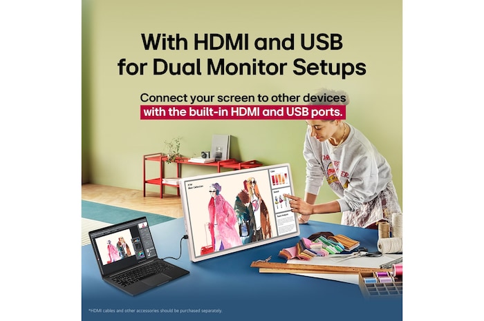 LG StanbyME 2. Een hand die interactie heeft met het aanraakscherm dat gebruiksgemak aangeeft. De tekst gaat over het eenvoudig kunnen verbinden van je scherm met andere apparaten.