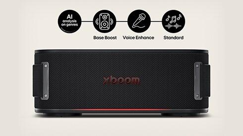 De bovenkant van de voorkant van de LG xboom introduceert de functie “AI-analyse op genres”. Het ondersteunt Base Boost, Voice Enhance en Standard.