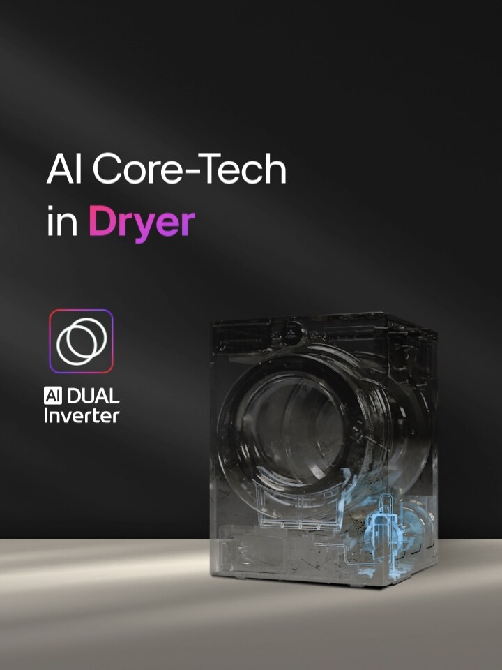Er wordt een LG wasdroger getoond met een transparant beeld van de AI Dual Inverter-component, samen met de titel ‘AI Core-Tech in Dryer’ en het AI Dual Inverter-embleem, met een ‘D’ in het midden omringd door twee pijlen die een lus vormen, weergegeven tegen een donkere achtergrond met een roze en paarse rand.