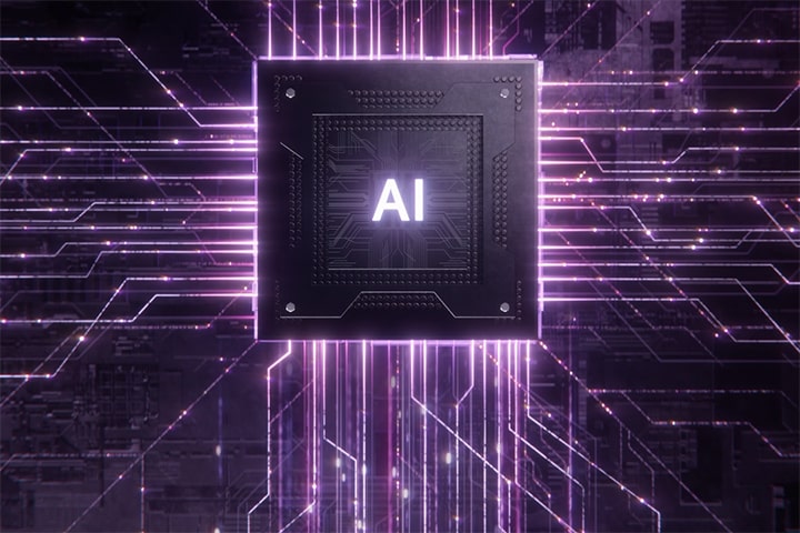 Een LG AI Core-Tech-chip visualiseert intelligente gegevensverwerking met stralende circuitlijnen, die symboliseren hoe LG AI-apparaten leren, zich aanpassen en de prestaties in het hele huis optimaliseren.