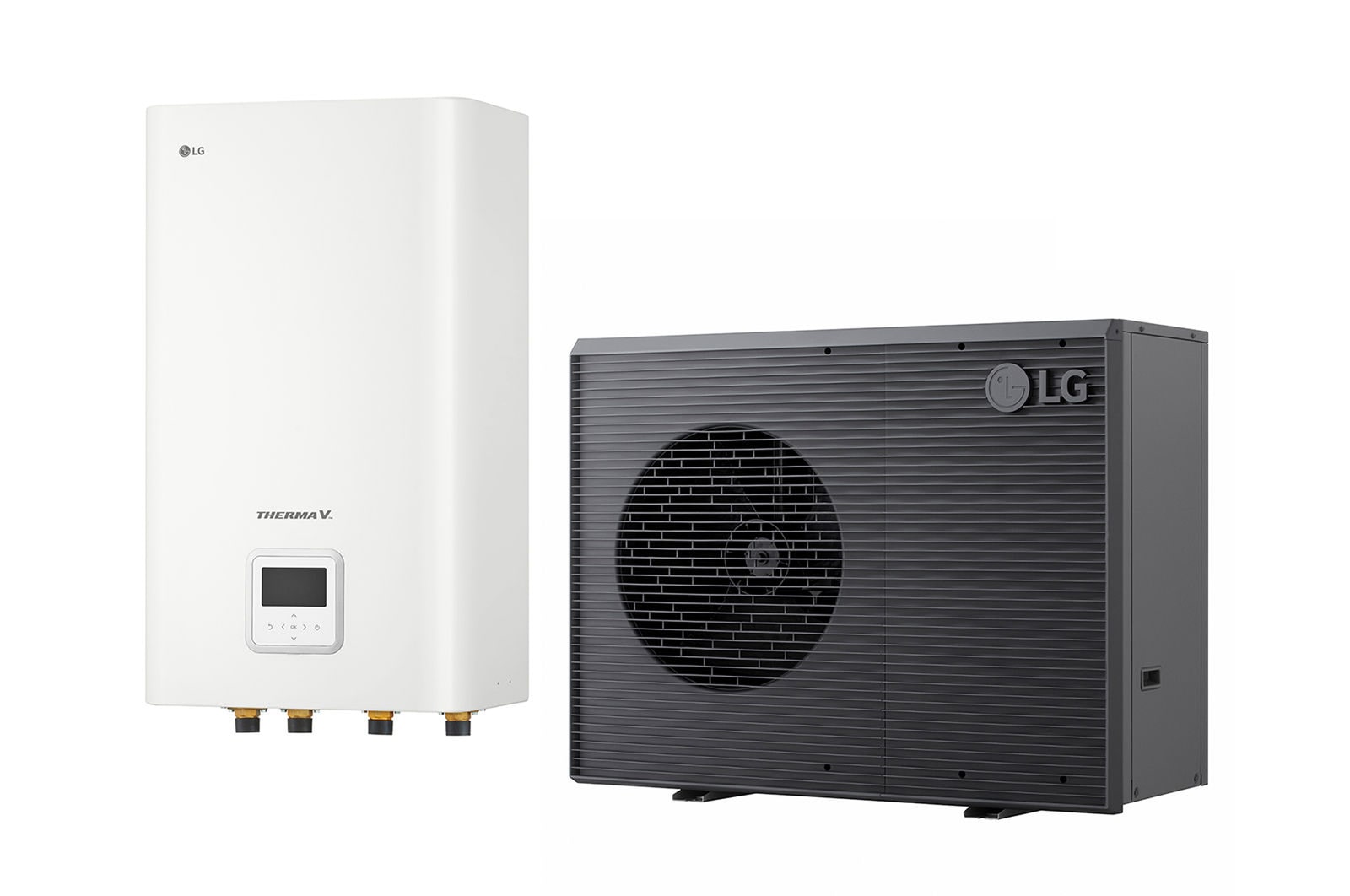 LG lucht naar water warmtepomp THERMA V, buiteneenheid met een zwarte kleur met grijs golvend rooster