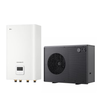 LG lucht naar water warmtepomp THERMA V, buiteneenheid met een zwarte kleur met grijs golvend rooster