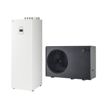 LG lucht naar water warmtepomp THERMA V, buiteneenheid met een zwarte kleur met grijs golvend rooster