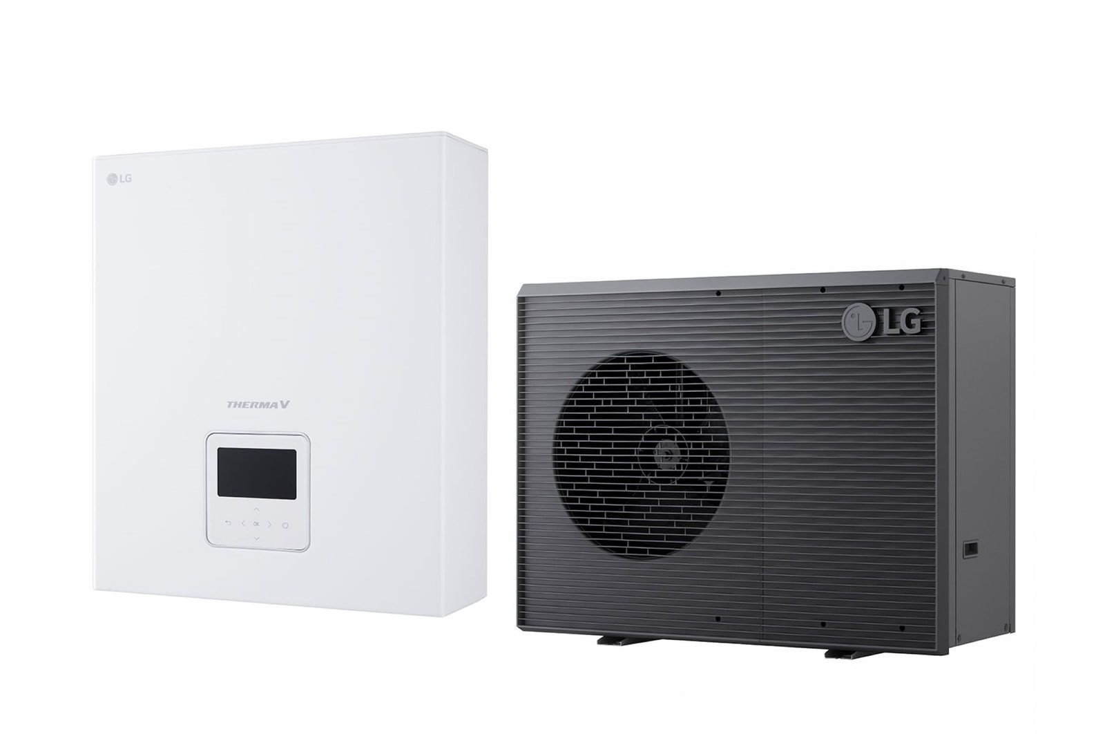 LG lucht naar water warmtepomp THERMA V, buiteneenheid met een zwarte kleur met grijs golvend rooster