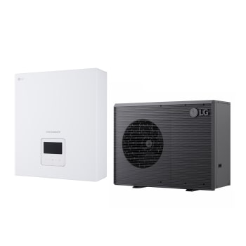 LG lucht naar water warmtepomp THERMA V, buiteneenheid met een zwarte kleur met grijs golvend rooster