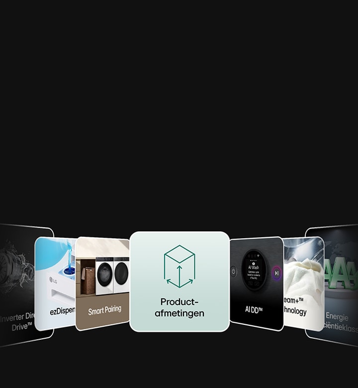 LG laundry appliance feature cards arranged in 3D on a black background, displaying Inverter Drive, ezDisper, Smart Pairing, Product Dimensions, AI DD, and Energy Efficiency Class.