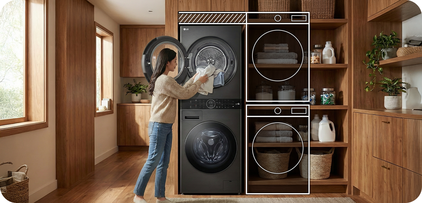 A black washer-dryer tower is built into a cabinet, with the width '600' shown on top and the height '1655' shown on the side.