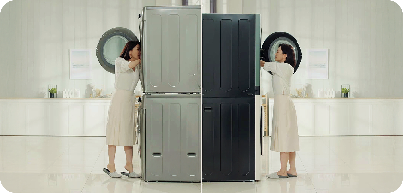 In separate scenes, a woman opens the doors and looks inside a stacked washer and dryer and an all-in-one WashTower.