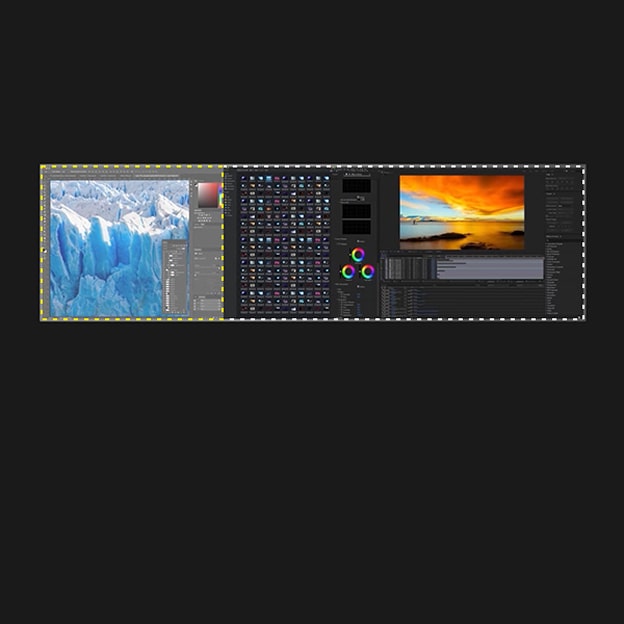 LG monitor met meerdere bewerkingsvensters op breedbeeld illustreert hoe een brede beeldverhouding multitasking verbetert.