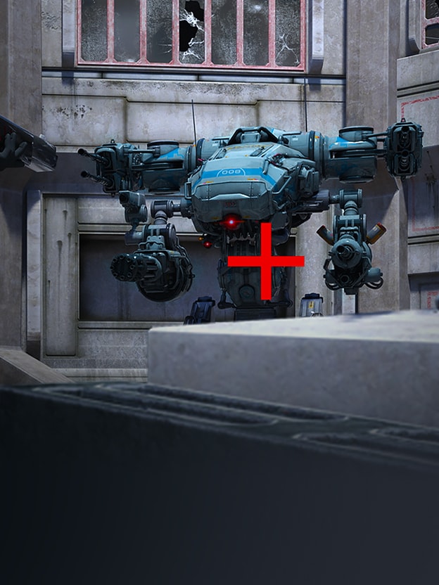 LG gaming monitor vergelijkt robotsccène met rood vizier ter illustratie van de Crosshair-richthulp.