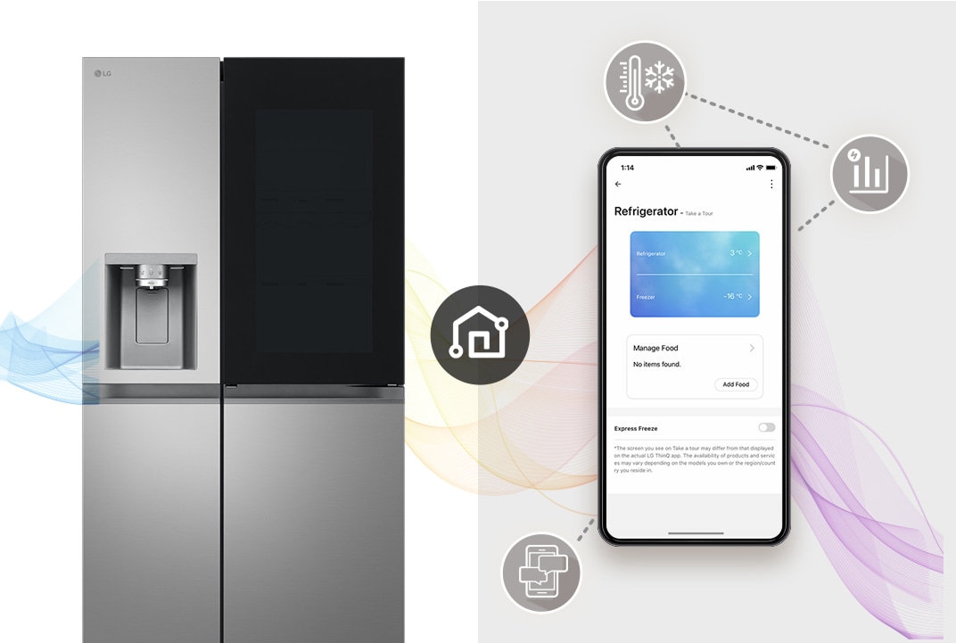 LG-koelkast naast een app-scherm voor temperatuurregeling toont ThinQ voor monitoring op afstand.